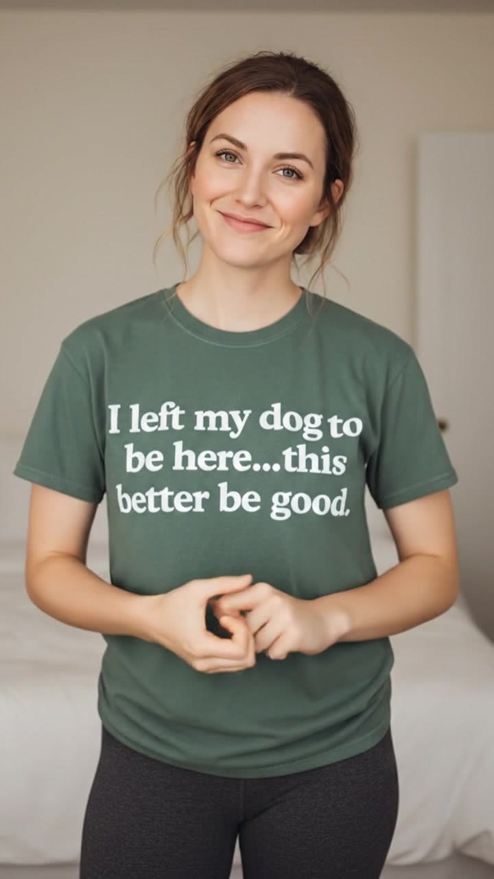 AI-generated UGC ad: a woman wearing a t-shirt that reads 'I left my dog to be here, this better be good'